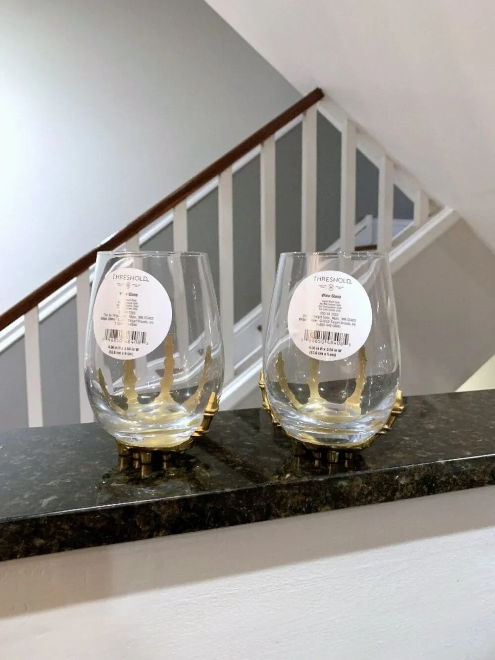 THRESHOLD Gold Metal Skeleton Hand Stemless Wine Glasses Gothic Halloween 2 SET